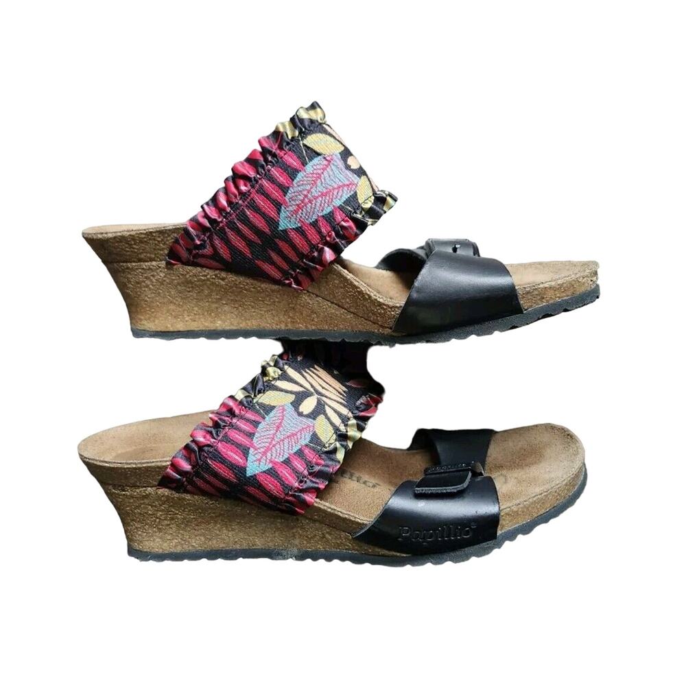 Papillio by Birkenstock Wedge Heel Sandals‎ Size EU 37 Black Floral Cork